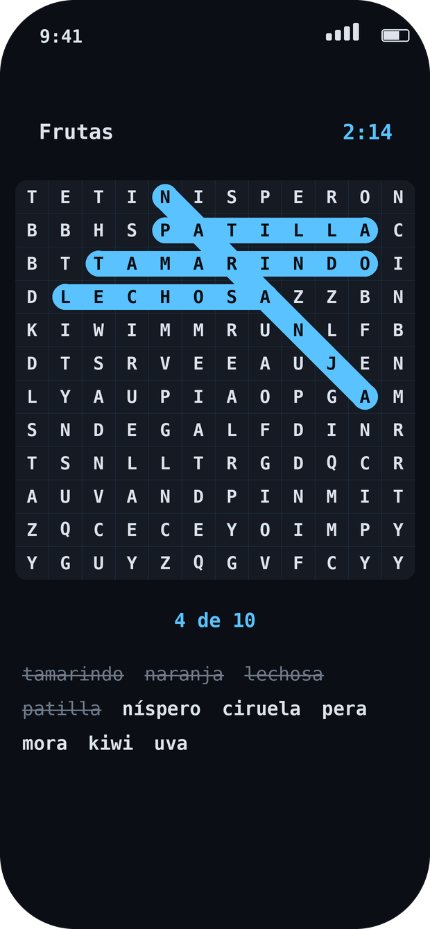 Tablero de 12×12 con cuatro palabras encontradas