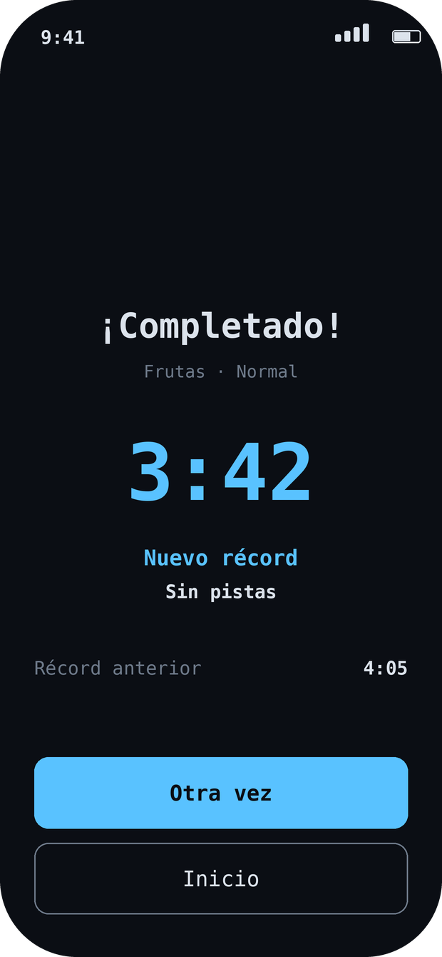 Pantalla de resultado con el tiempo y un nuevo récord